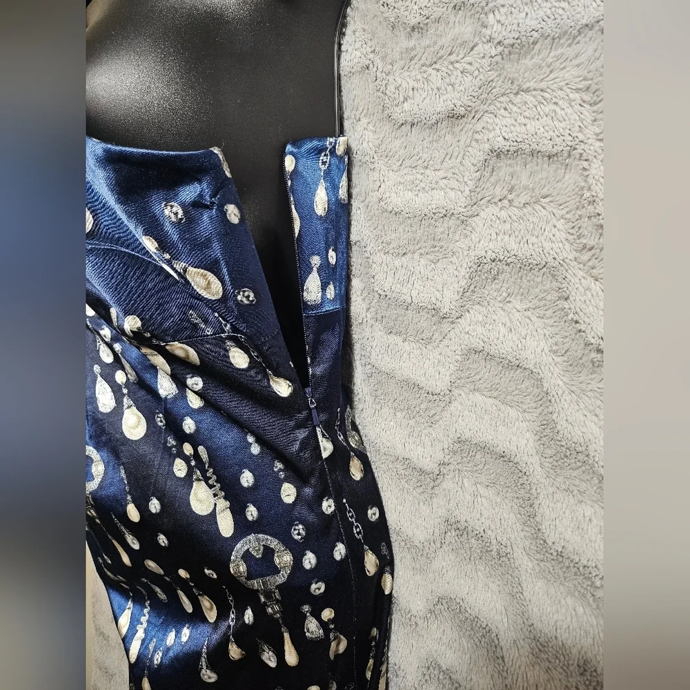 David Meister Blue Pearl Satin One Shoulder Sheath Cocktail Dress Jewel Print 6 - Picture 5 of 13